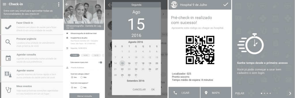 Some screens of the prototype in high fidelity of the checkin mobile system 